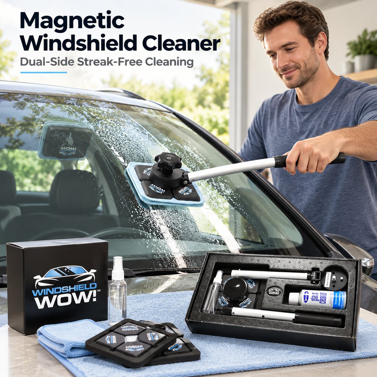 Dual magnetic windshield cleaner with extension handle and complete cleaning kit