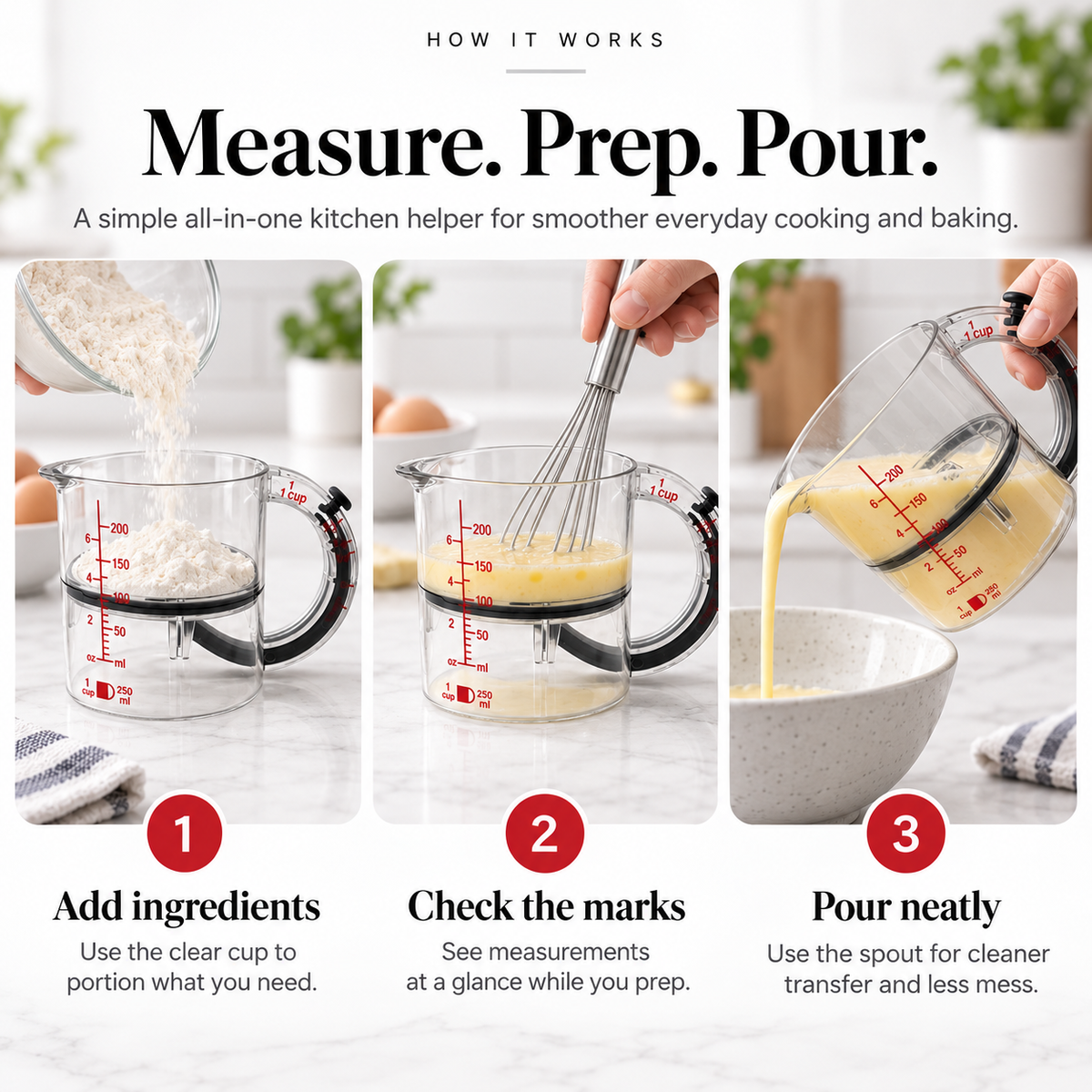 All-in-one measuring prep and pour kitchen helper