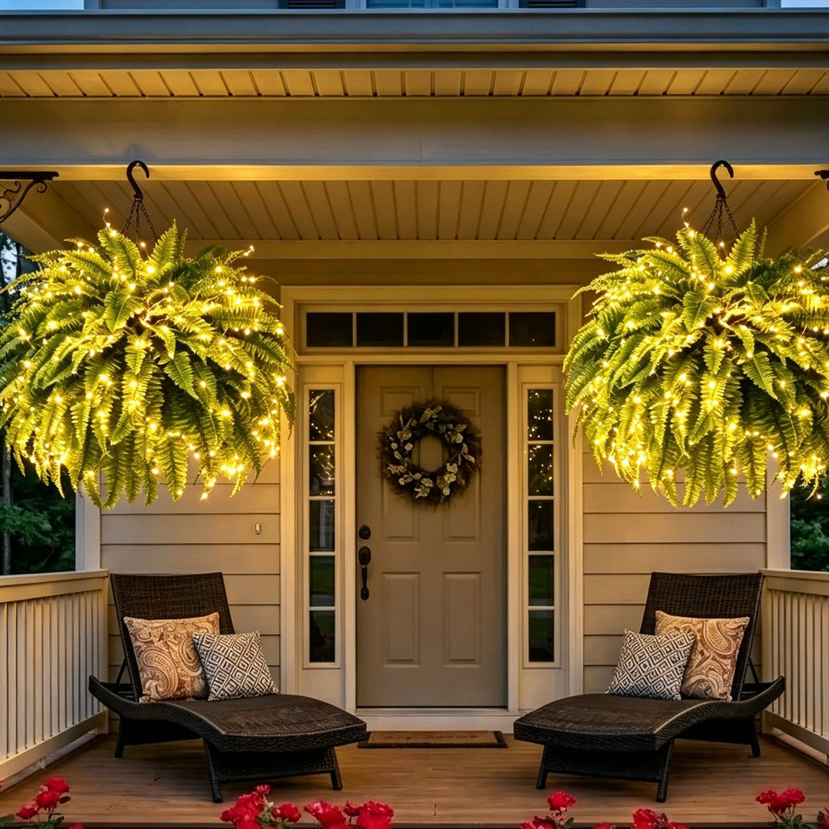 Pair of glowing Boston ferns decorating a covered front porch