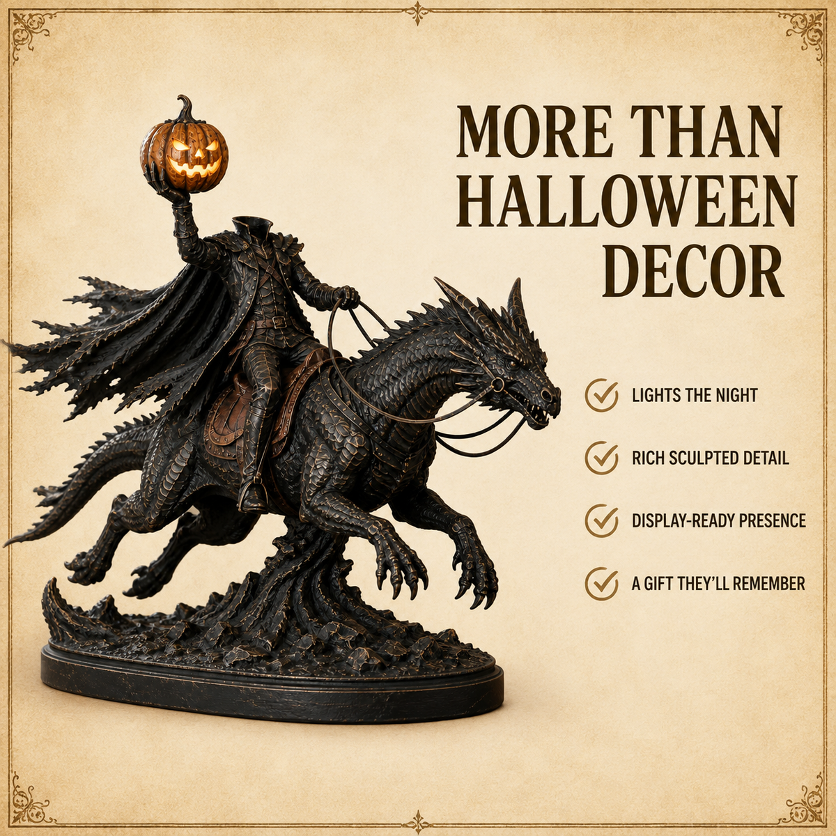 Spooky Headless Horseman on dragon Halloween display piece