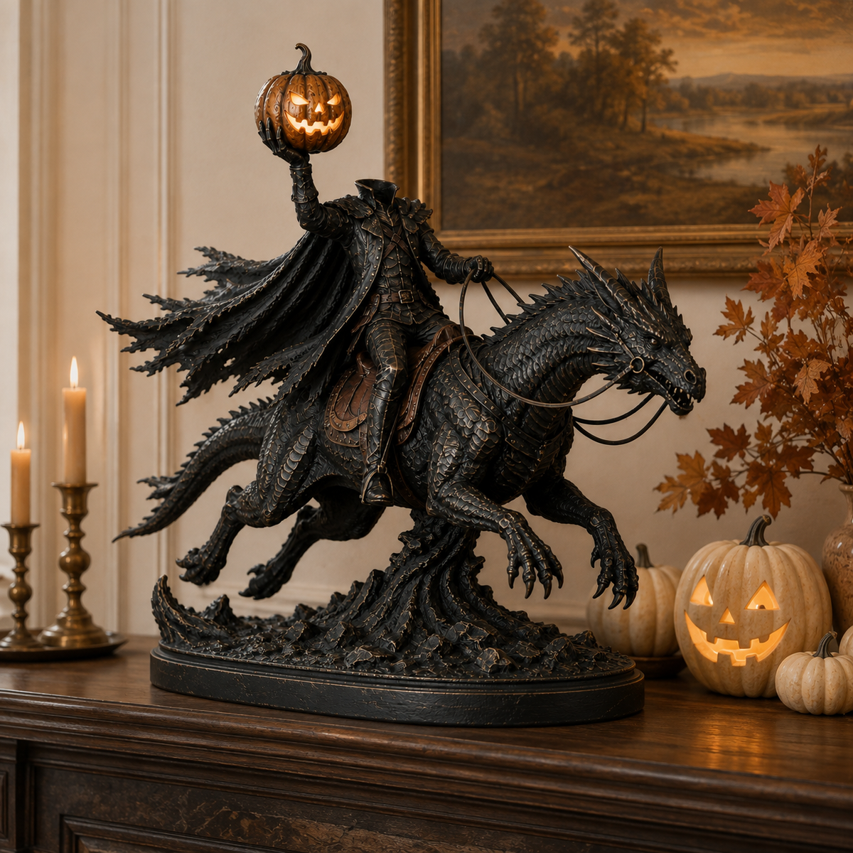 Fantasy dragon and Headless Horseman gothic decor product view