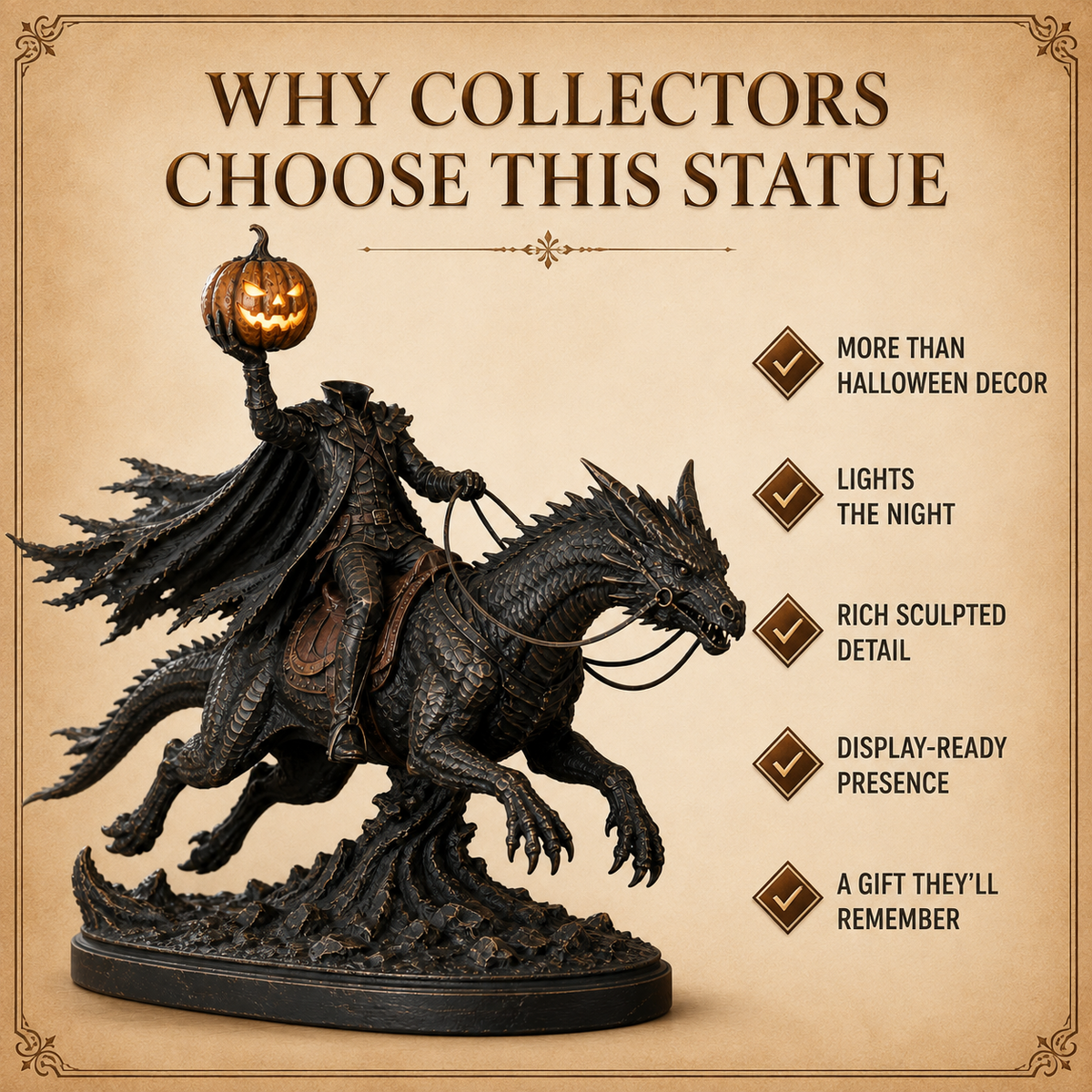 Gothic dragon rider Headless Horseman statue alternate view