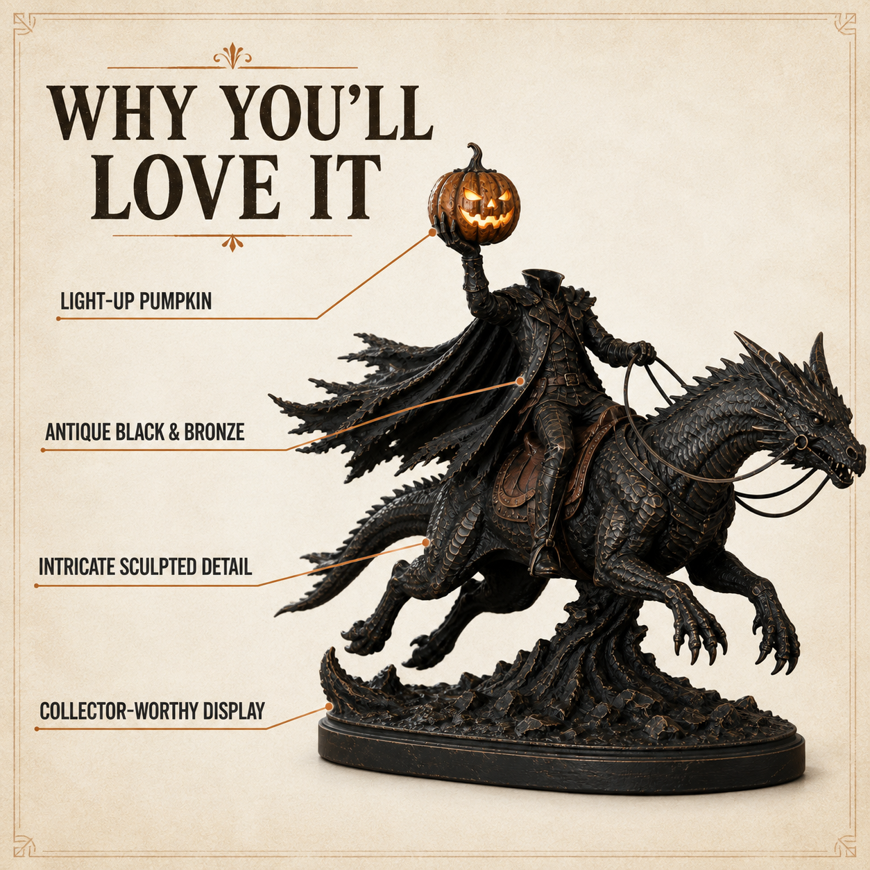 Gothic Halloween Headless Horseman dragon decor alternate angle