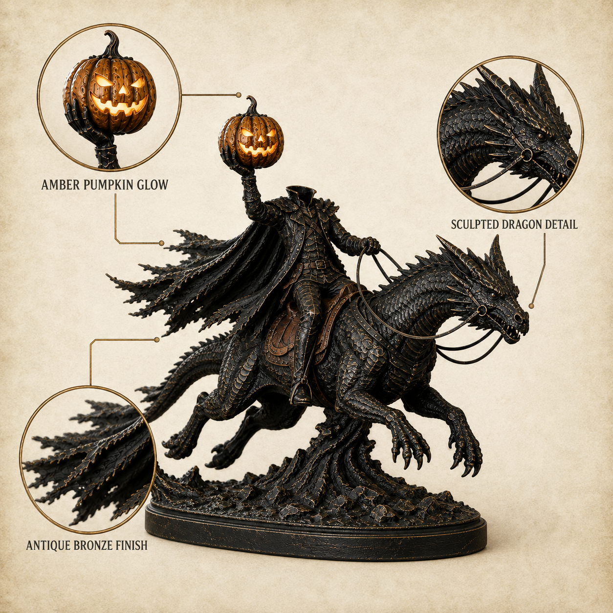 Dark fantasy Headless Horseman dragon collectible decor view