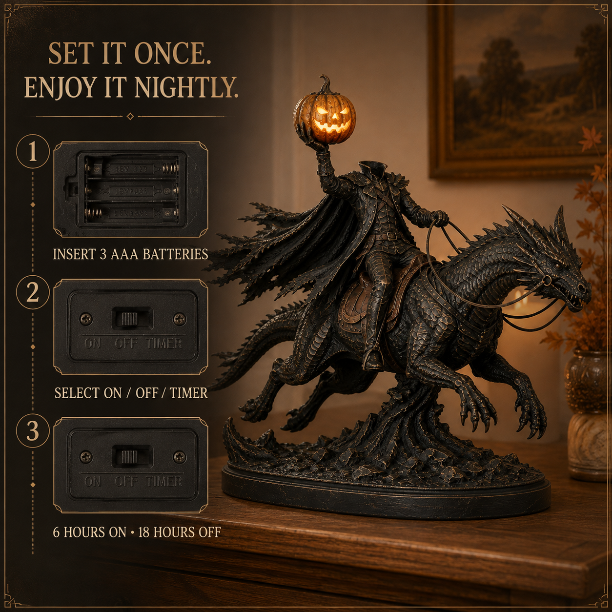 Headless Horseman on dragon collectible statue detail view