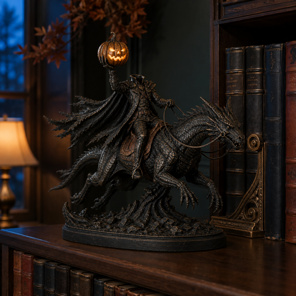 Halloween Headless Horseman dragon statue display view