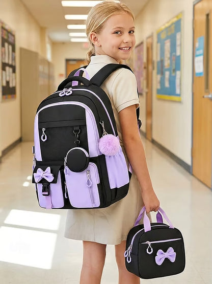 Girls Backpack Set 3PCS School Backpack with Lunch Bag & Pencil Case, Large Capacity Multi-Pocket Water Resistant Polyester Bookbag, Travel Friendly Luggage Strap, Anti-Theft Pocket, Pink Purple Blue