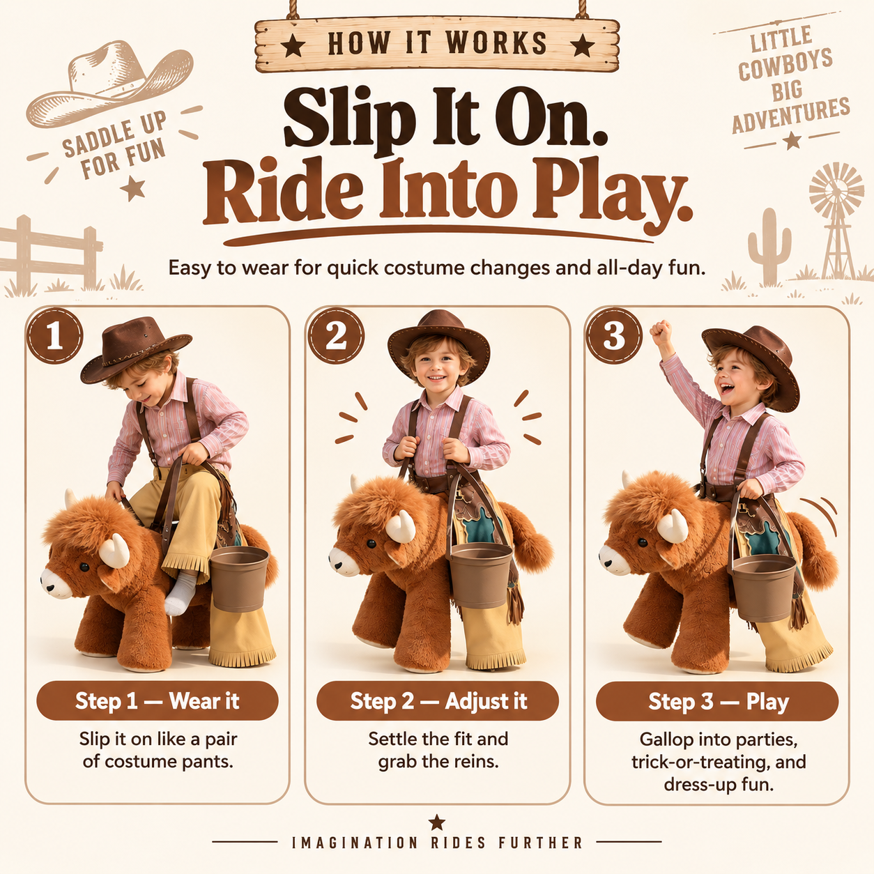 Three step guide for wearing Wild West Rider cowboy costume