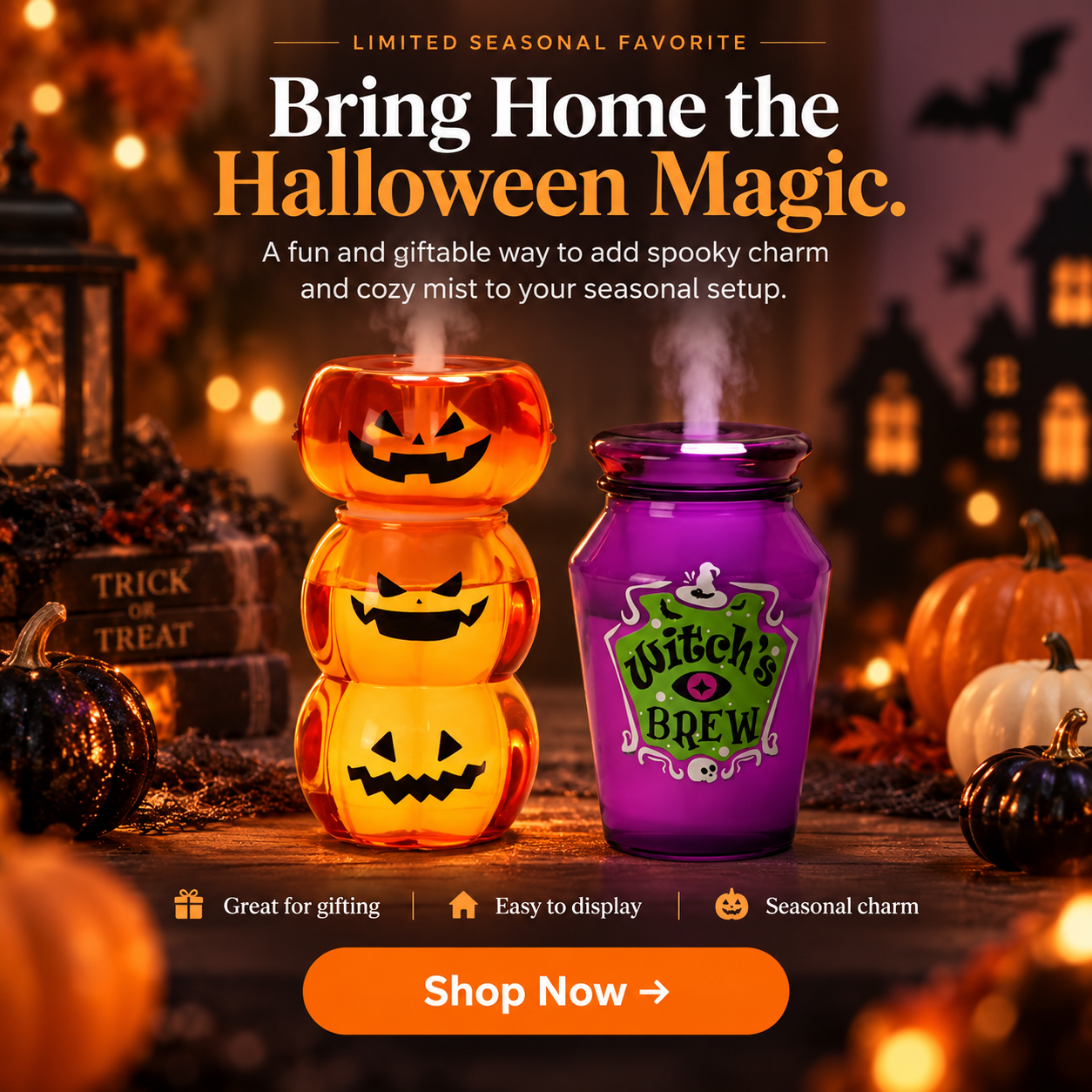 Halloween pumpkin and witch brew water mist decorations in seasonal display