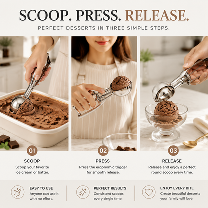 Stainless Steel Ice Cream Scoop Set of 3 - 3 Sizes Cookie Scoop with Trigger Release System for Baking & Desserts - Versatile Kitchen Tools