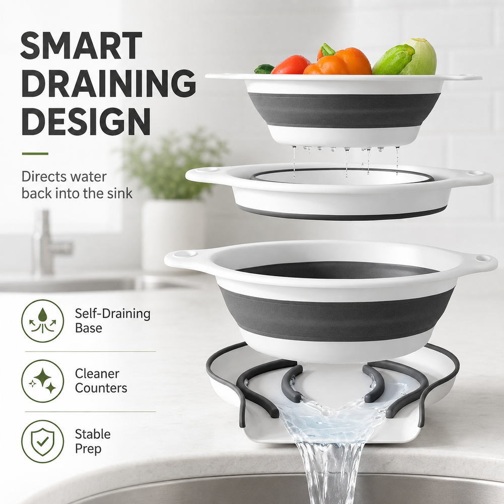 White collapsible colander set with self-draining base