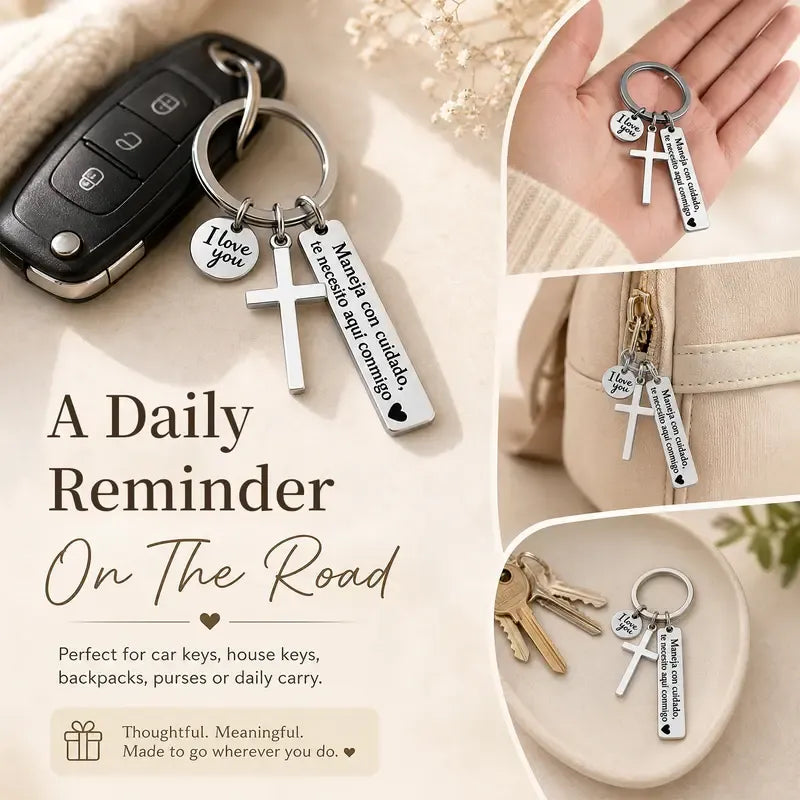 Drive safe cross keychain displayed with keys purse and daily carry