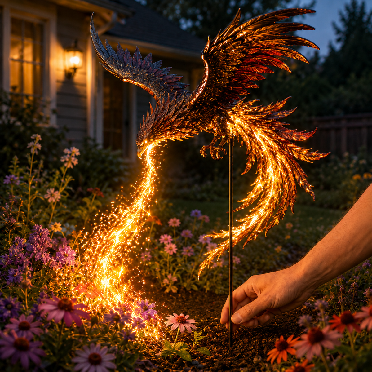 Solar Phoenix Fire Garden Light creating a warm nighttime garden atmosphere