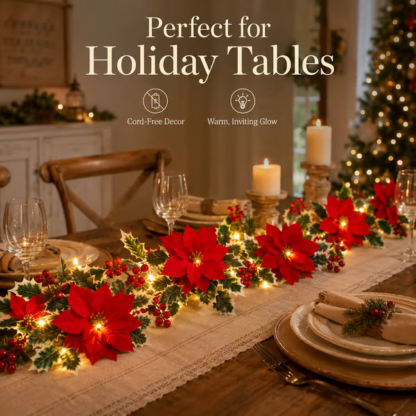 32.8 FT Lighted Christmas Poinsettia Garland with Red Flowers & Berries, Battery-Operated Holiday String Lights for Xmas & New Year Home Decor