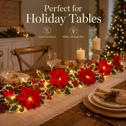 32.8 FT Lighted Christmas Poinsettia Garland with Red Flowers & Berries, Battery-Operated Holiday String Lights for Xmas & New Year Home Decor