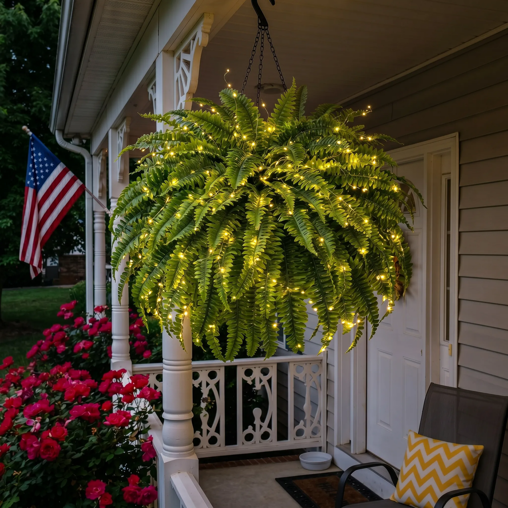 Glowing Boston fern hanging on a front porch with warm decorative lights