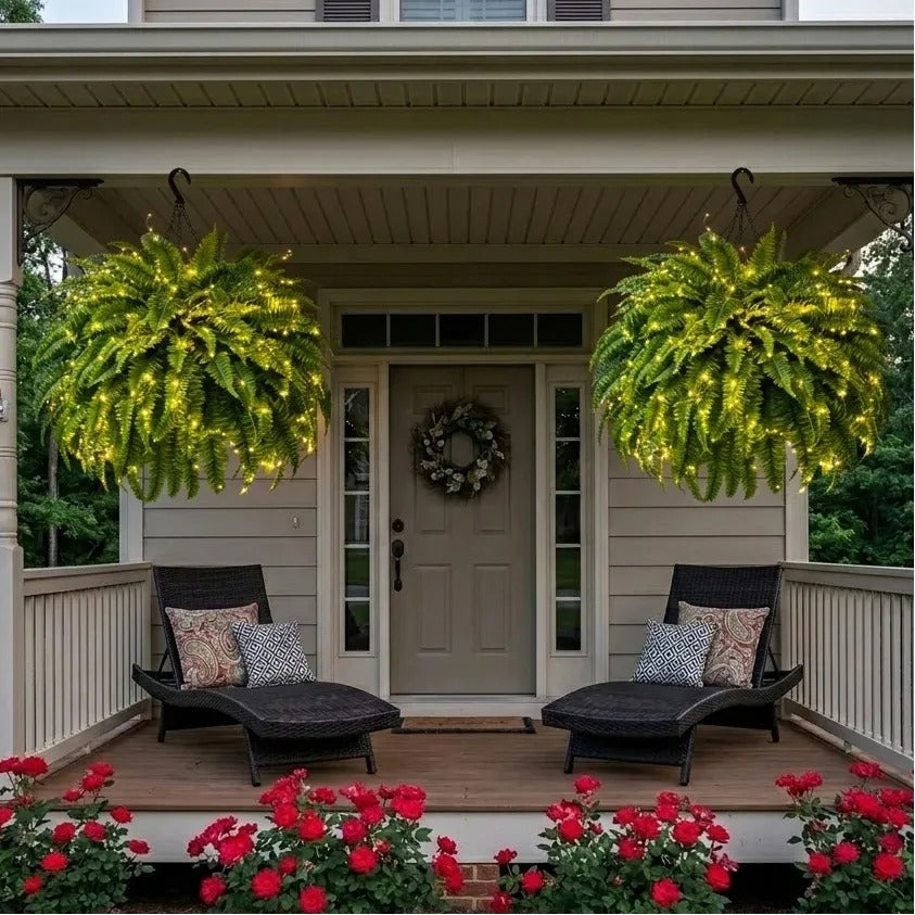 Two glowing Boston ferns framing a welcoming front porch