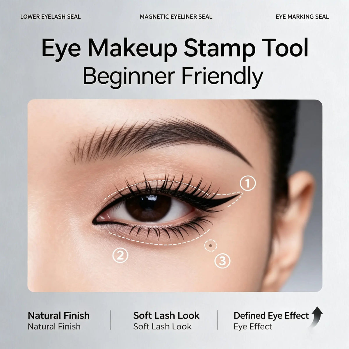 Eye makeup stamp tool showing eyeliner lower lash and beauty mark effects