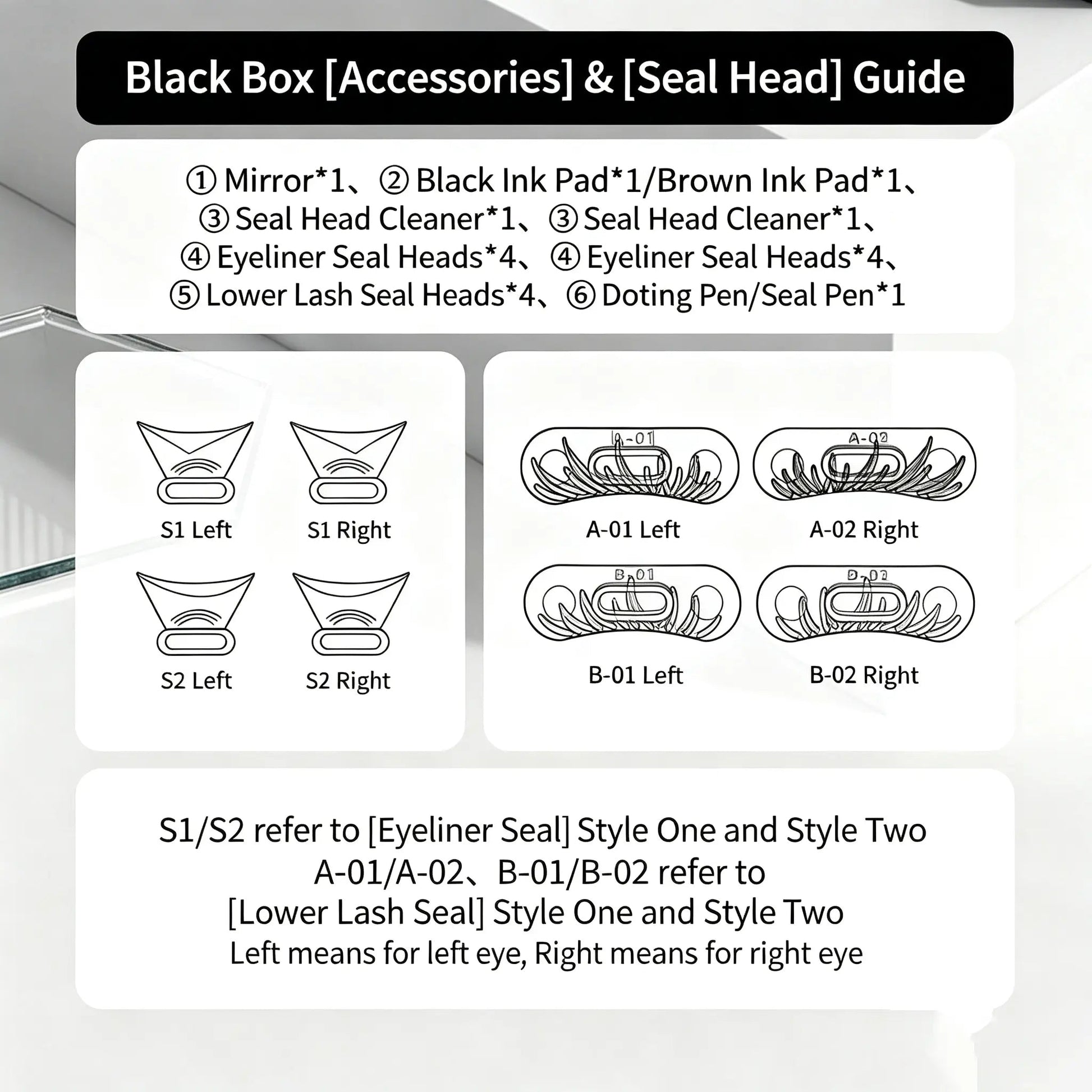 Eye makeup stamp kit guide showing eyeliner and lower lash stamp head shapes