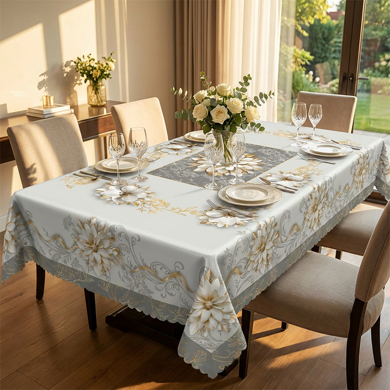 Elegant embossed floral tablecloth on rectangular dining table