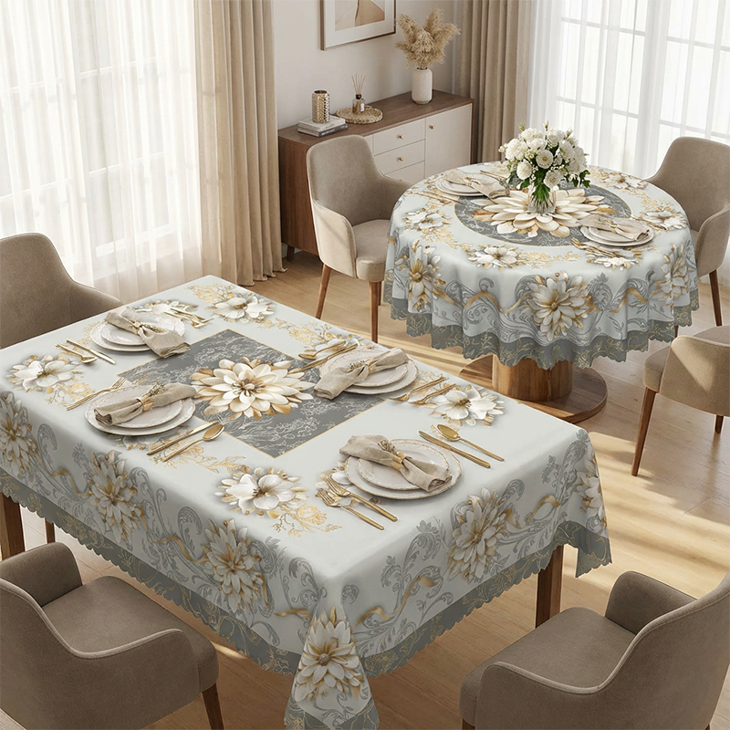 Elegant floral tablecloth shown on rectangular and round dining tables