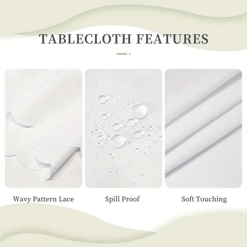 Tablecloth feature graphic showing patterned edge spill resistance and soft fabric