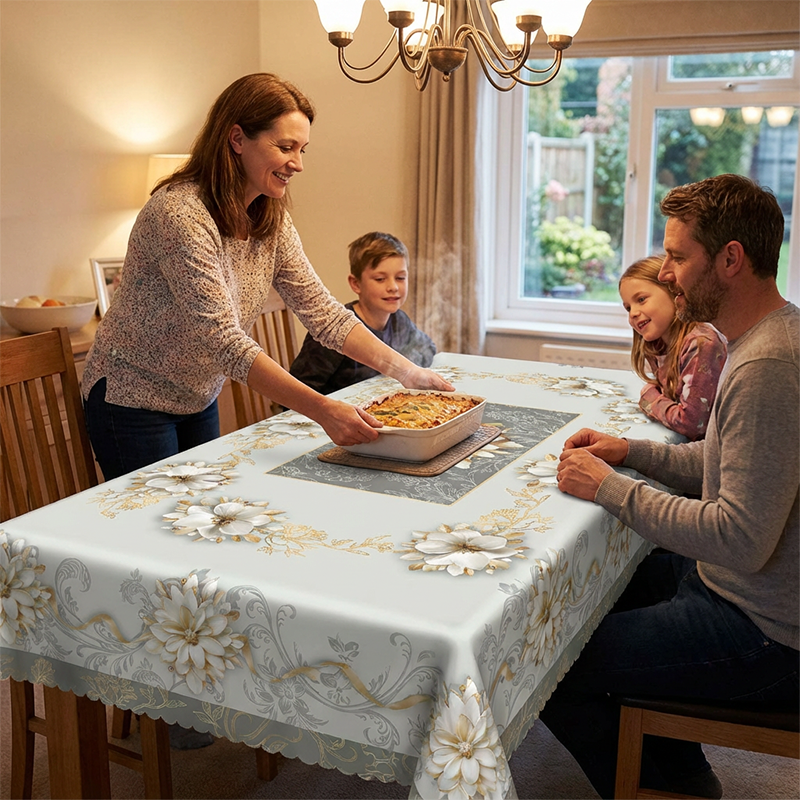 Family dining around rectangular table covered with elegant floral tablecloth