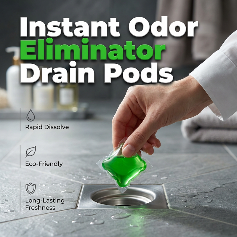 Green drain deodorizer pod being placed into a bathroom drain