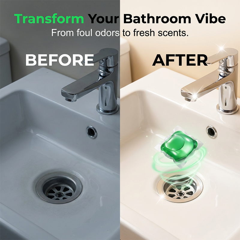 Bathroom sink before and after drain freshness concept