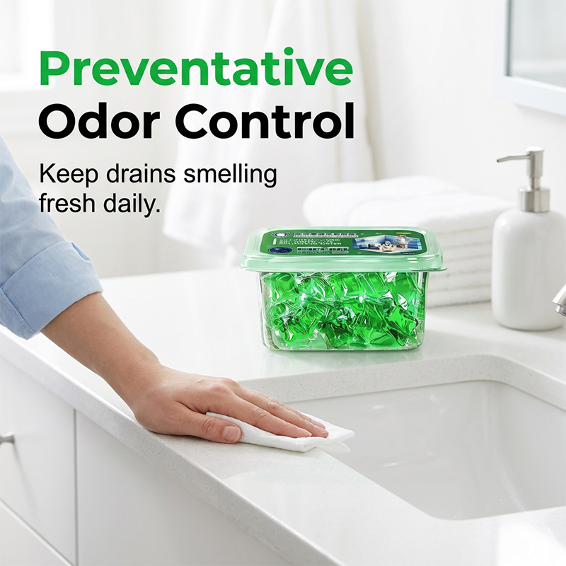 Container of green drain deodorizer pods beside clean bathroom sink