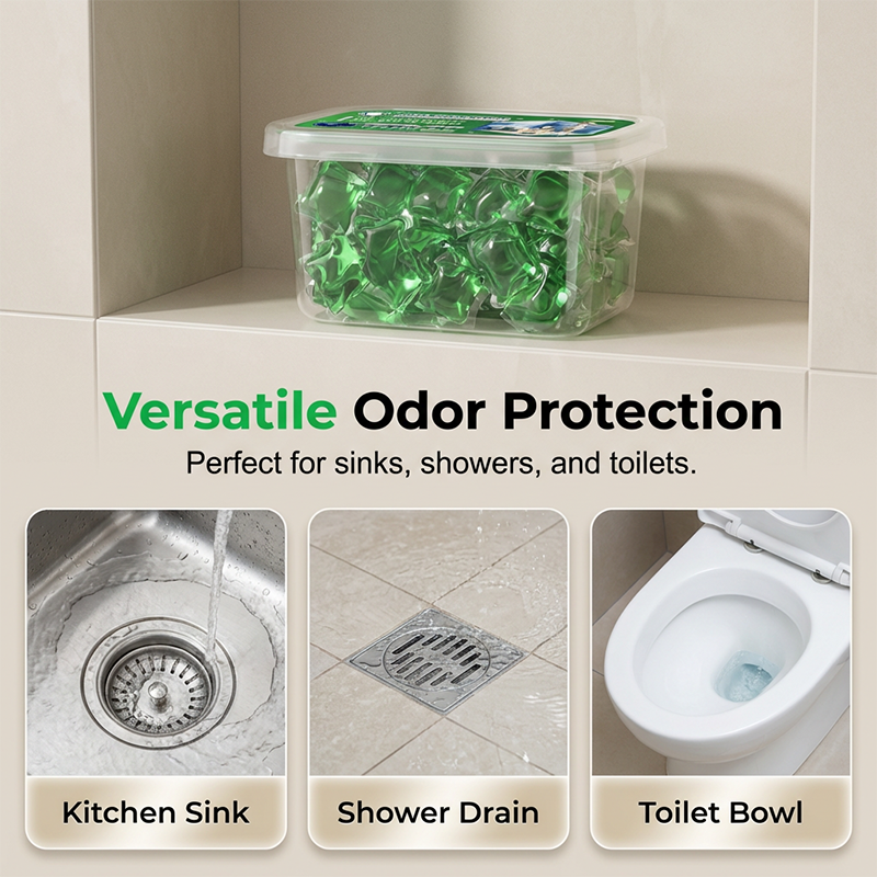 Drain deodorizer pods shown for kitchen sink shower drain and toilet bowl use