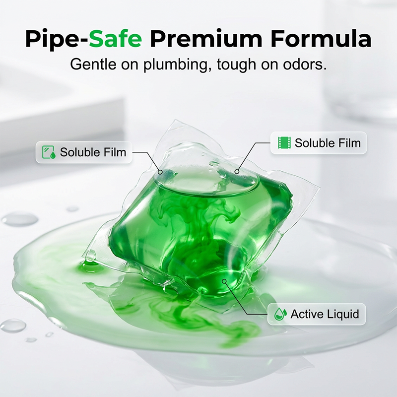 Close view of green drain deodorizer pod with water soluble outer film