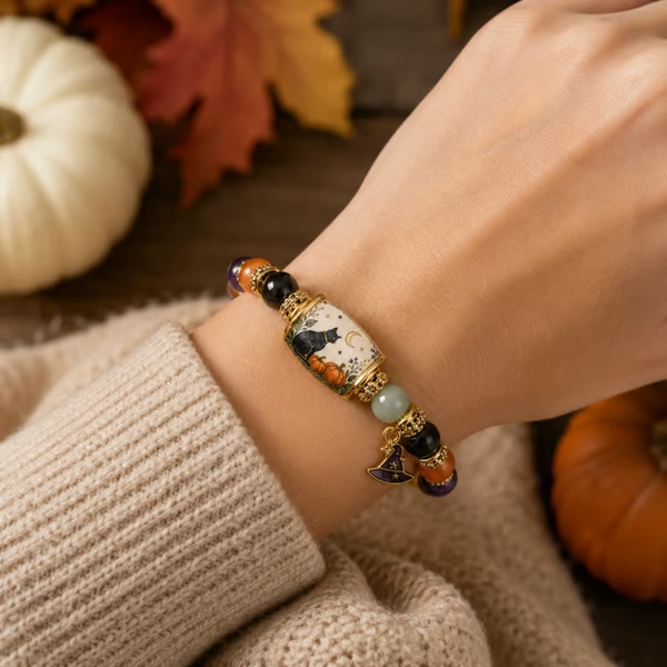 2026 Limited Edition Halloween Black Cat & Pumpkin Beaded Bracelet for Women - Natural Stone Crystal Charm Bracelet with Gift Box & Spooky Card, Cute Witchy Halloween Jewelry Gift
