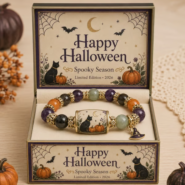 Halloween black cat pumpkin stretch bracelet displayed in seasonal gift box